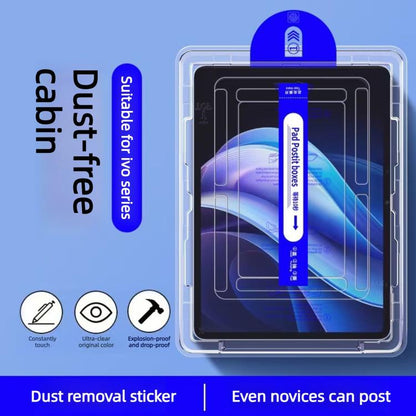 Tempered glass film on tablet with applicator frame, showing curved edge protection