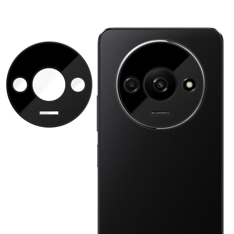 Camera lens tempered glass film with black round cutout, on black phone back with AI Camera