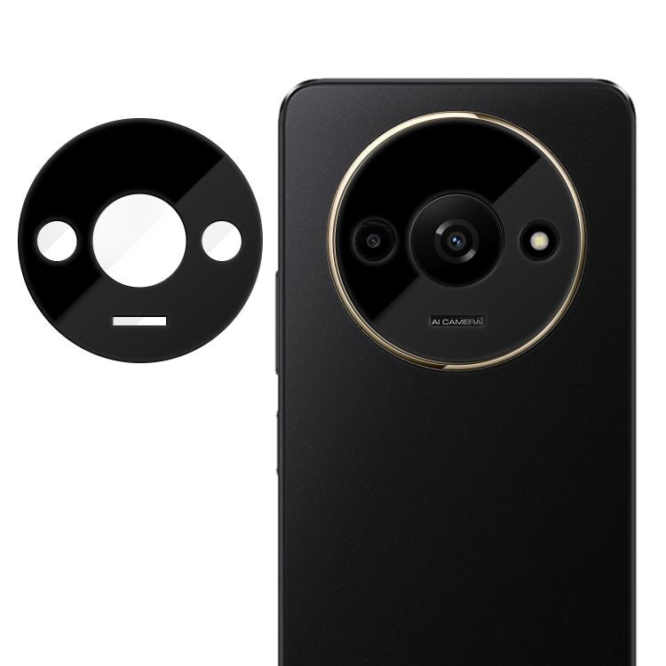 Camera lens tempered glass film with black round cutout, on black phone back