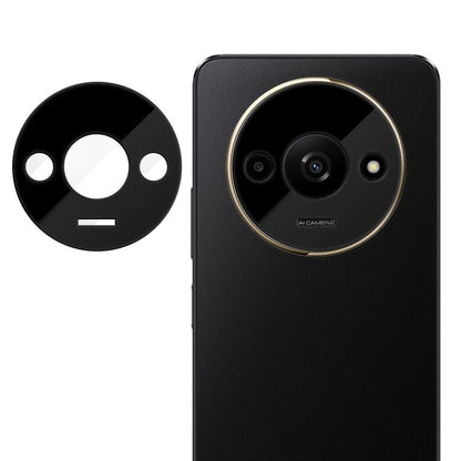 Camera lens tempered glass film with black round cutout, on black phone back