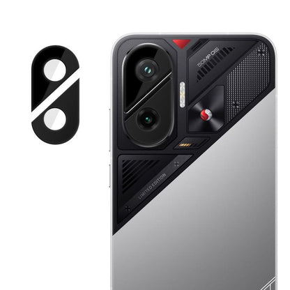 Tempered glass camera lens film with two lens cutouts and side notch, black piece