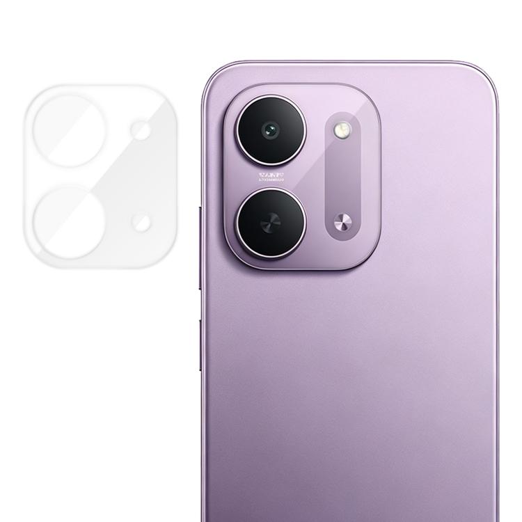 Tempered glass camera lens protector film, transparent cover for dual rear lenses on purple phone.