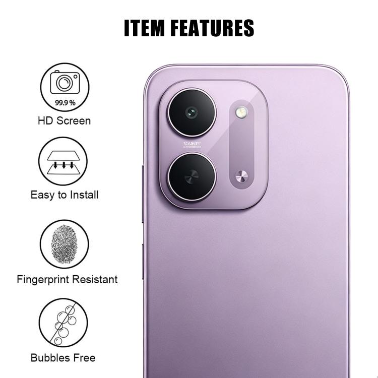 Tempered glass camera lens protector film, transparent cover for rear camera lenses on purple phone.