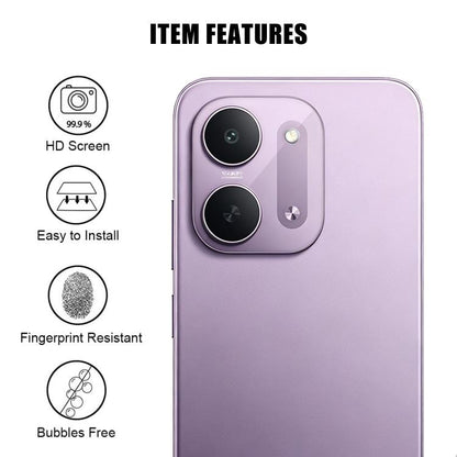 Tempered glass camera lens protector film, transparent cover for rear camera lenses on purple phone.