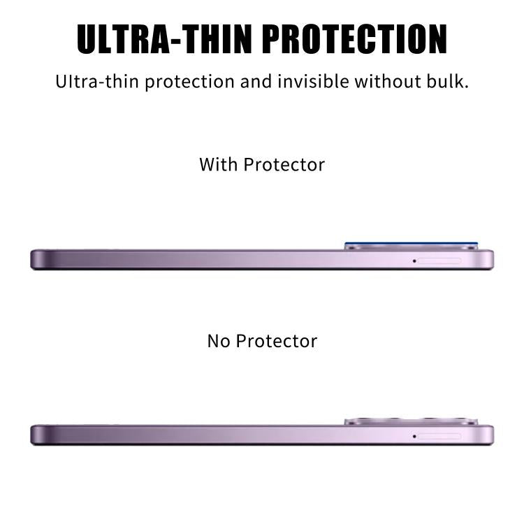 Tempered glass camera lens protector film shown thin on a phone edge, purple back.