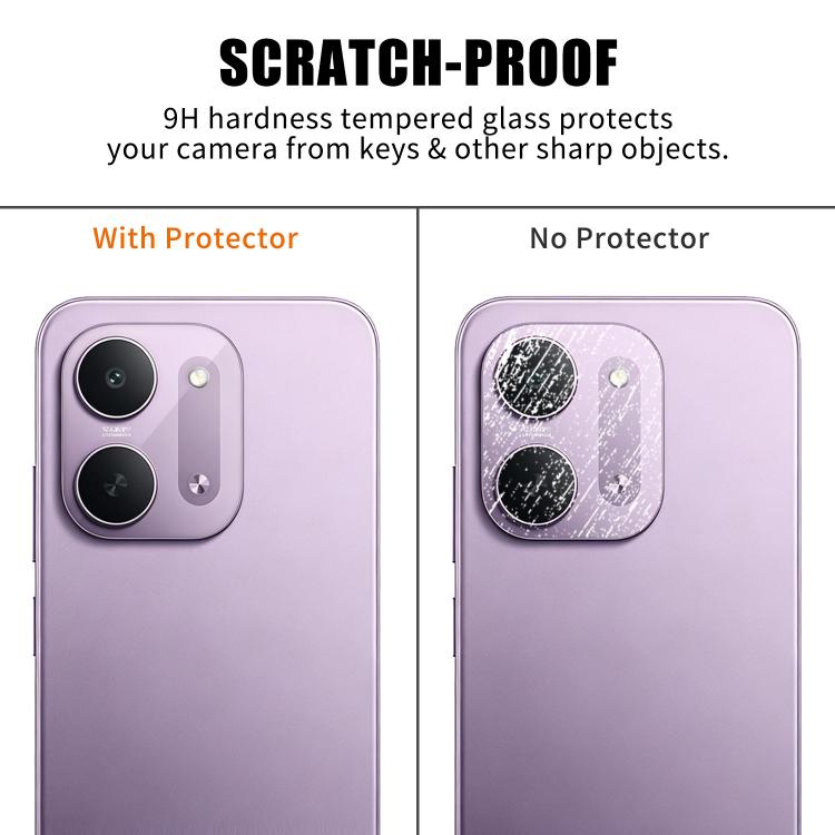 Tempered glass camera lens protector film on rear lenses, scratch-resistant clear cover, purple phone.