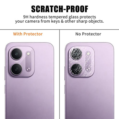 Tempered glass camera lens protector film on rear lenses, scratch-resistant clear cover, purple phone.