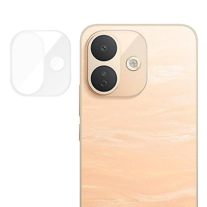 Tempered glass camera lens protector film, transparent cover for rear dual lenses on beige phone.