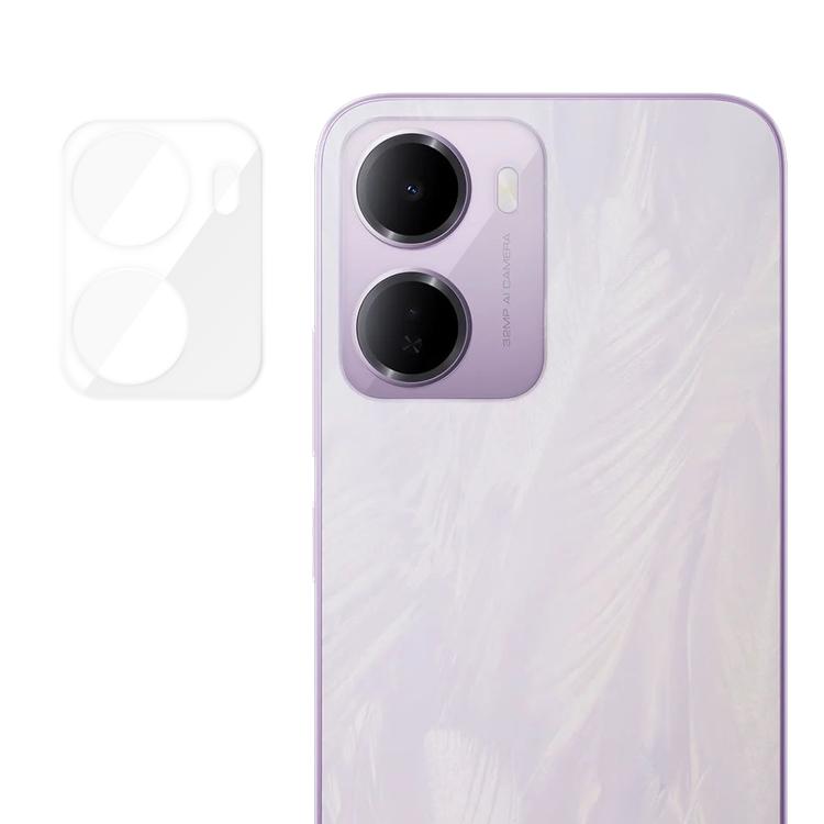 Tempered glass camera lens protector film, clear cover for rear dual lenses on light purple phone.