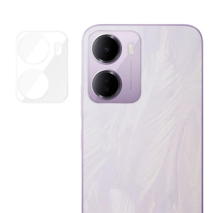 Tempered glass camera lens protector film, clear cover for rear dual lenses on light purple phone.