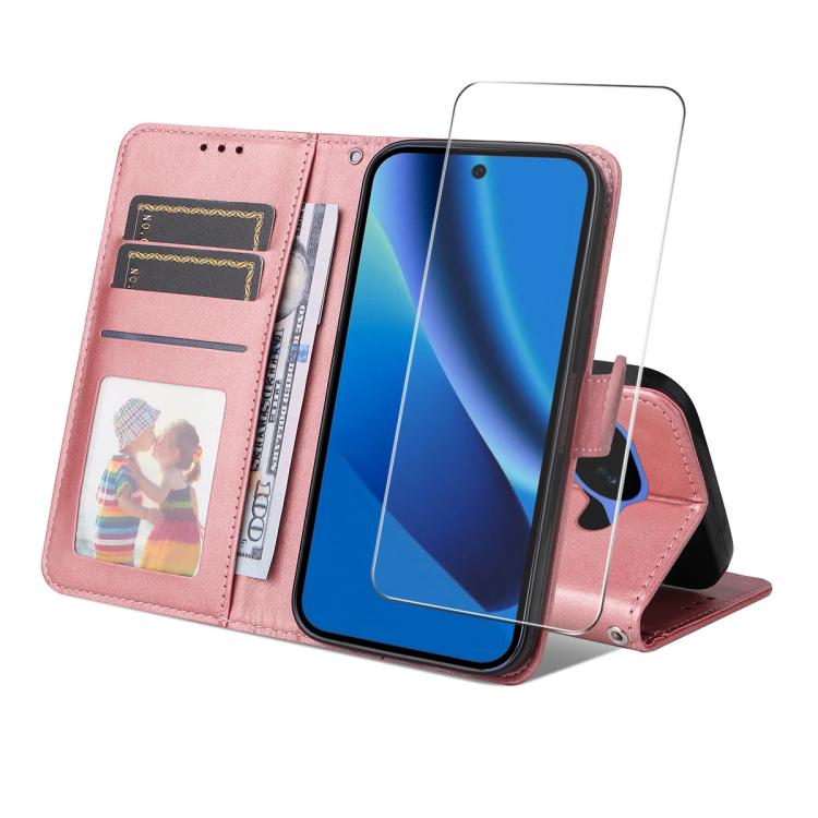 Pink leather card wallet phone case with screen film and card slots