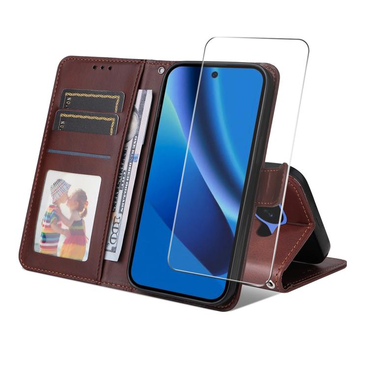 Dark brown leather card wallet phone case with screen film and card slots
