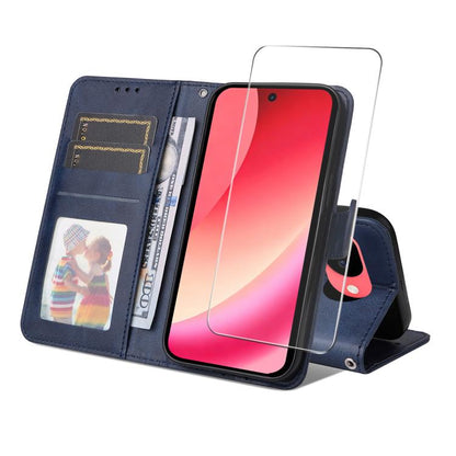 Blue leather card wallet phone case with screen film and card slots