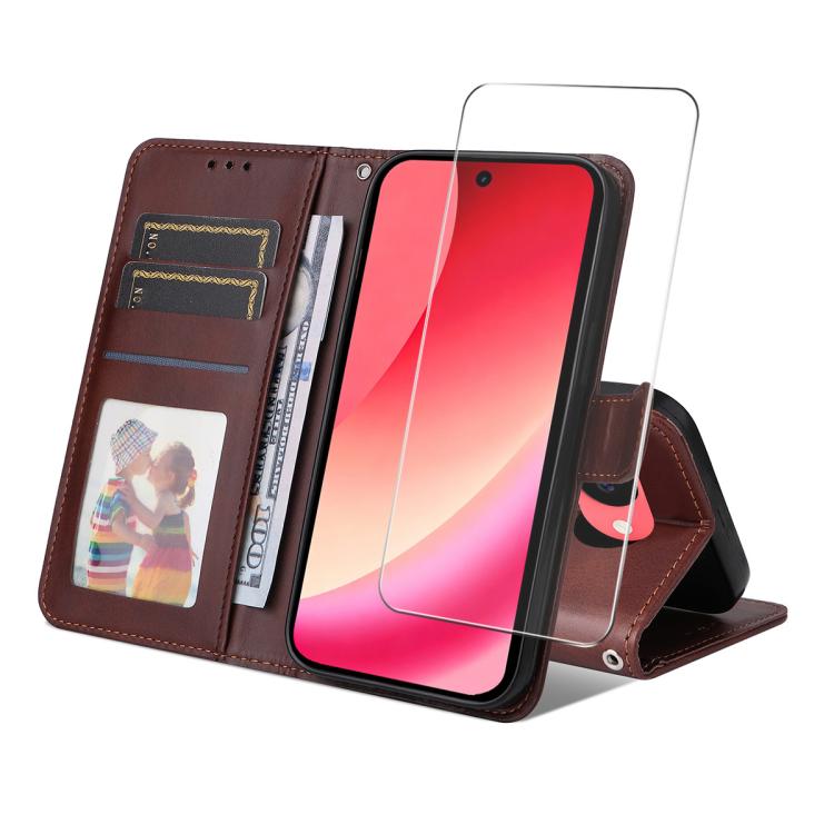 Brown leather card wallet phone case with screen film and card slots