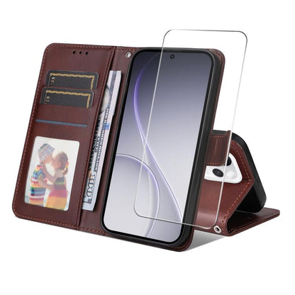 ENKAY Card Wallet Calf Texture Leather Phone Case with Screen Film, For OPPO A7 Pro Max, For OPPO Reno15 Pro Max Global, For OPPO Reno15 Pro Global, For OPPO Reno15 Global, For OPPO A6 4G / A6x 4G / 5G Global, For OPPO A6 5G / A6 Pro 4G / 5G Global