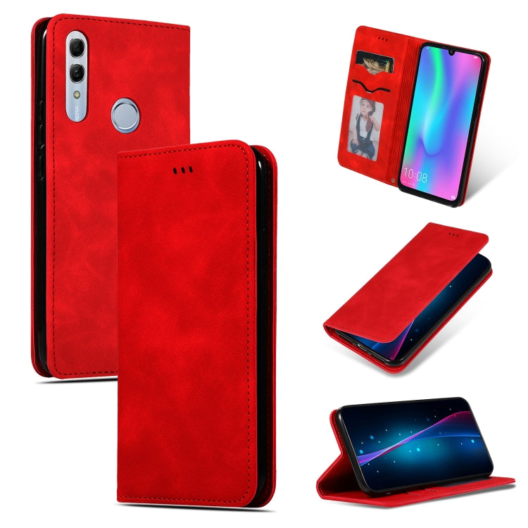 Red leather magnetic flip wallet phone case with card slot, camera cutout, and stand view.