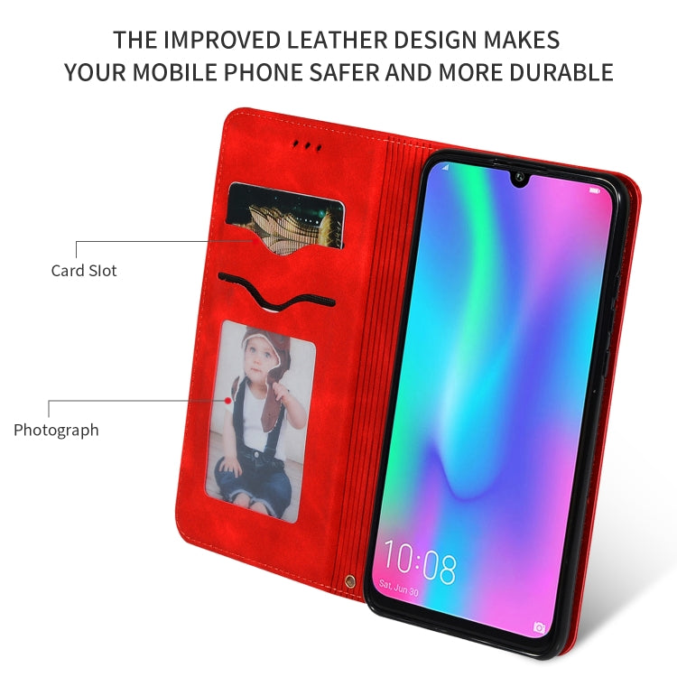 Red magnetic flip leather wallet phone case with card slot window and photo pocket.