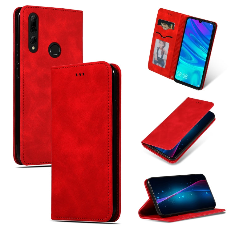 Red magnetic flip wallet phone case with card slots and side camera cutout.