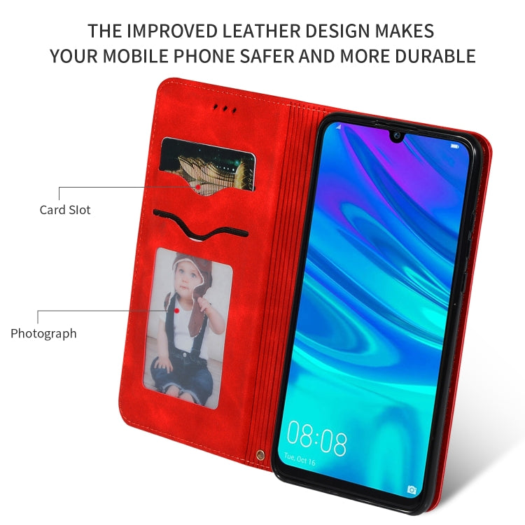 Red magnetic flip wallet phone case with card slot window and phone front view.