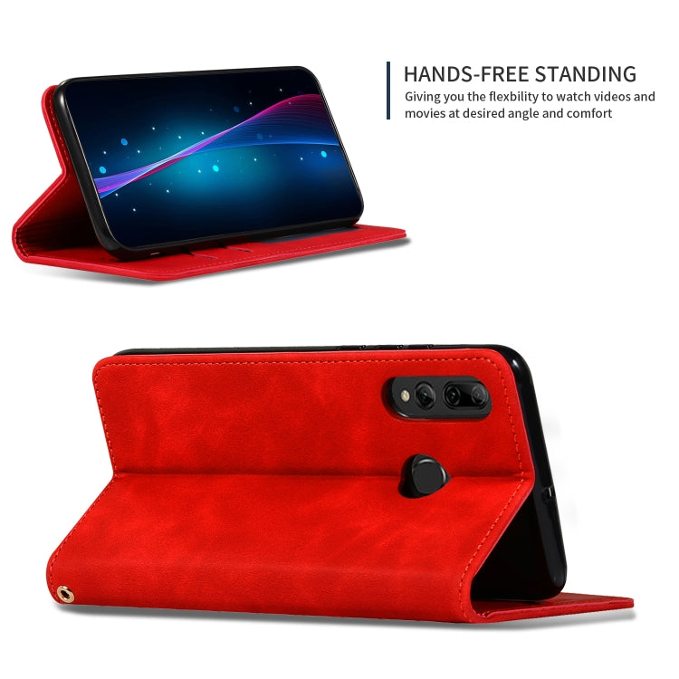 Red leather flip wallet phone case with folded stand and camera cutouts on back.