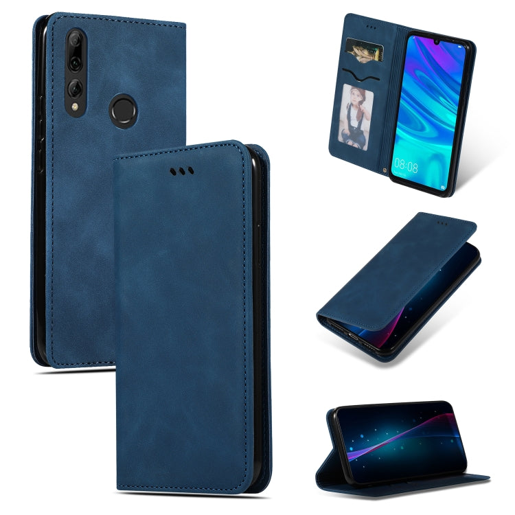 Navy blue magnetic flip wallet phone case with card window and stand viewing angle.