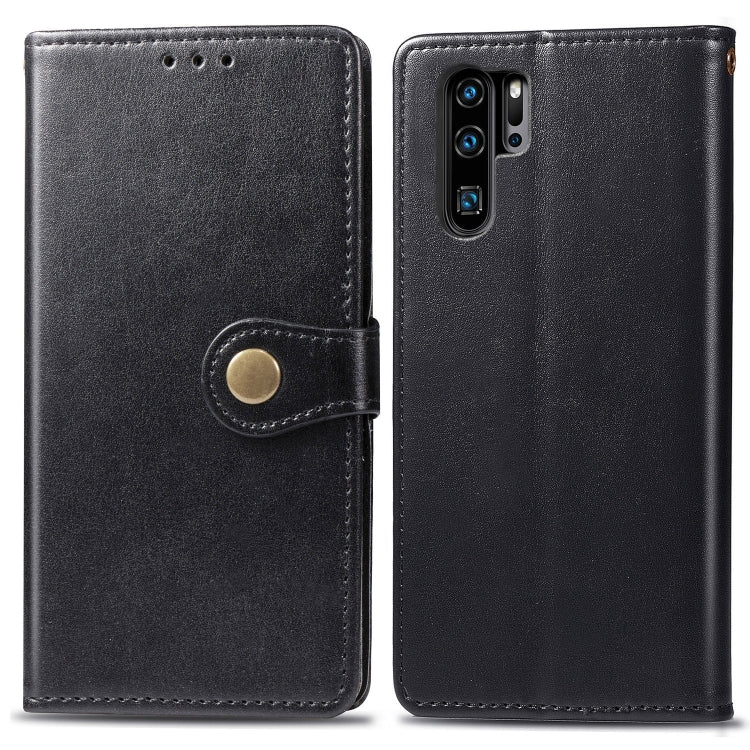 Black leather wallet phone case with snap buckle and card slot for Huawei P30 Pro