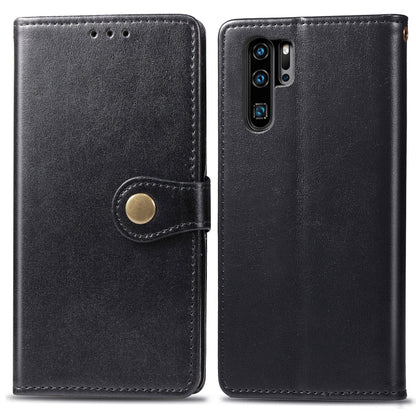 Black leather wallet phone case with snap buckle and card slot for Huawei P30 Pro