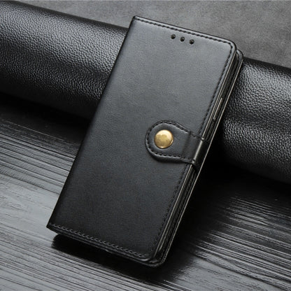 Black leather flip phone case with snap closure and card slot, close-up view