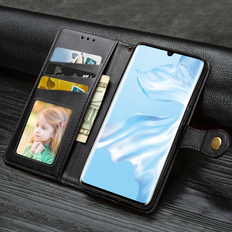 Black leather wallet phone case with photo frame window and card slots, open view