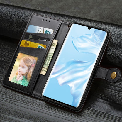 Black leather wallet phone case with photo frame window and card slots, open view