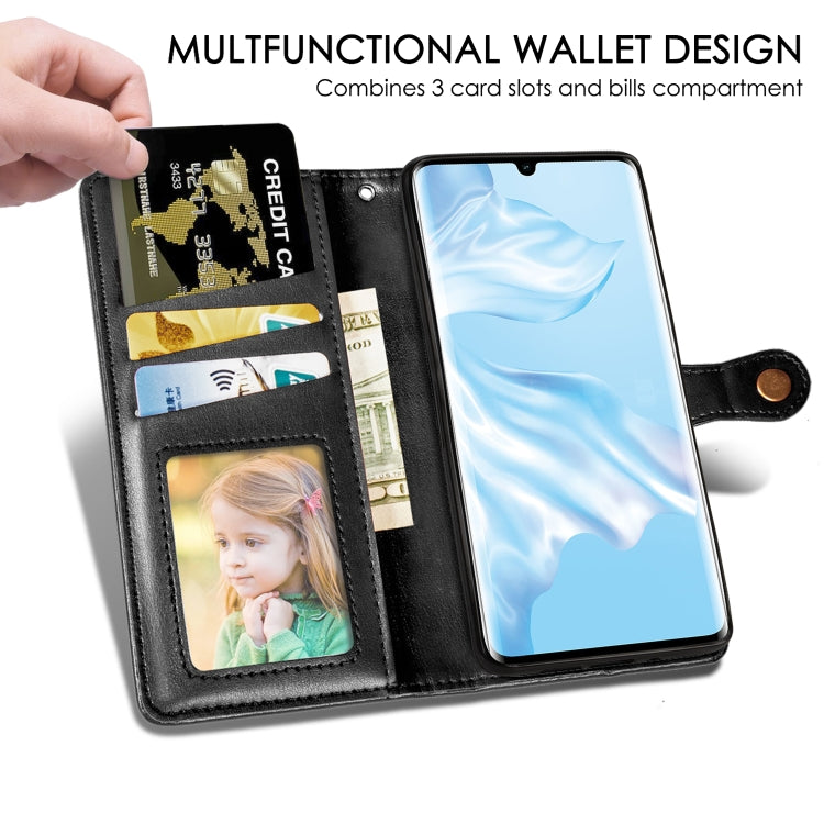 Black leather wallet phone case with photo window and multiple card slots, open
