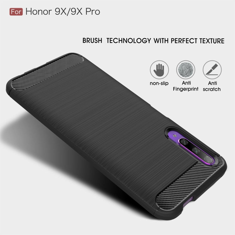 Black brushed carbon fiber TPU case with textured back and camera cutout for Honor 9X/9X Pro