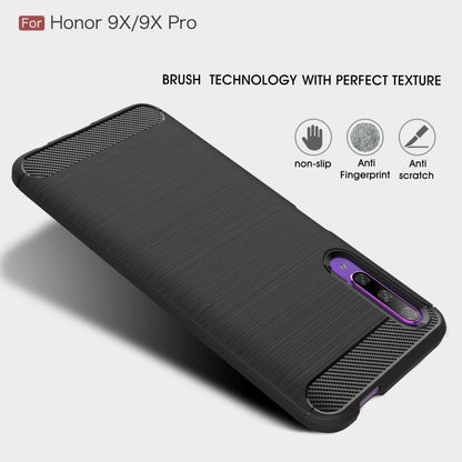 Black brushed carbon fiber TPU case with textured back and camera cutout for Honor 9X/9X Pro
