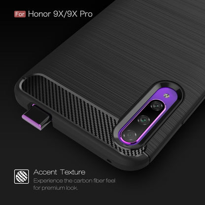 Black TPU case with brushed carbon fiber texture and purple-accent camera bezel for Honor 9X/9X Pro