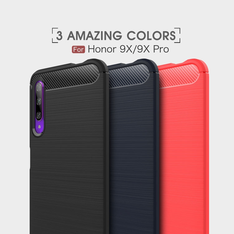 Three-color carbon fiber TPU phone cases for Honor 9X/9X Pro: black, navy, red