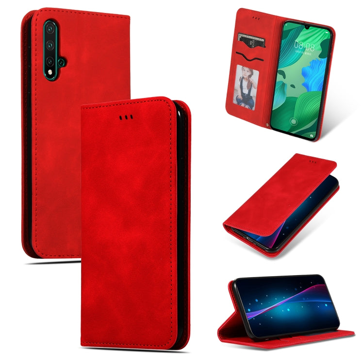 Red magnetic flip leather wallet case with card slot for Huawei Nova 5 phone.