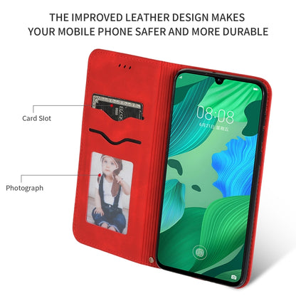Red leather flip wallet case with card slot, photo window, and magnetic closure for Huawei Nova 5.