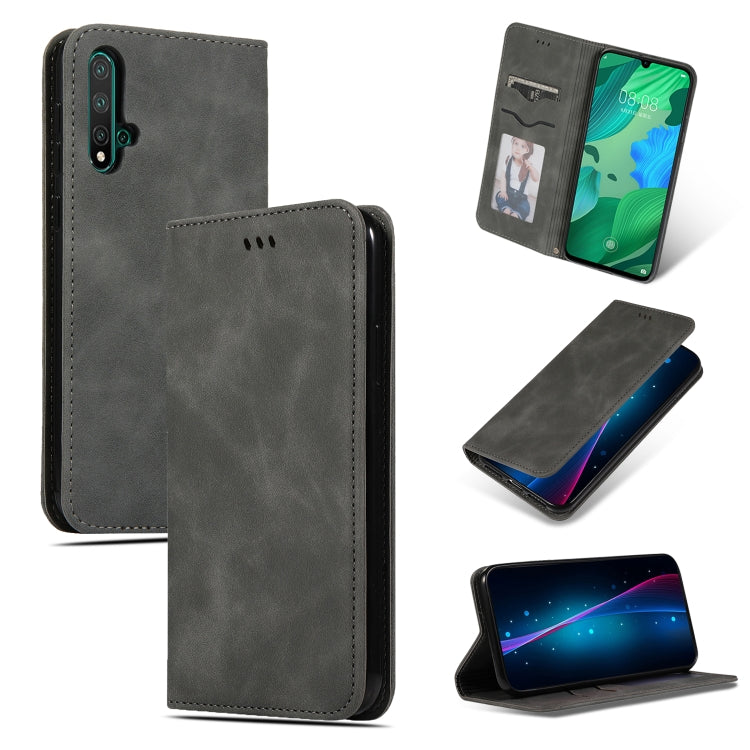 Gray magnetic flip leather wallet case with card slot and photo window for Huawei Nova 5.
