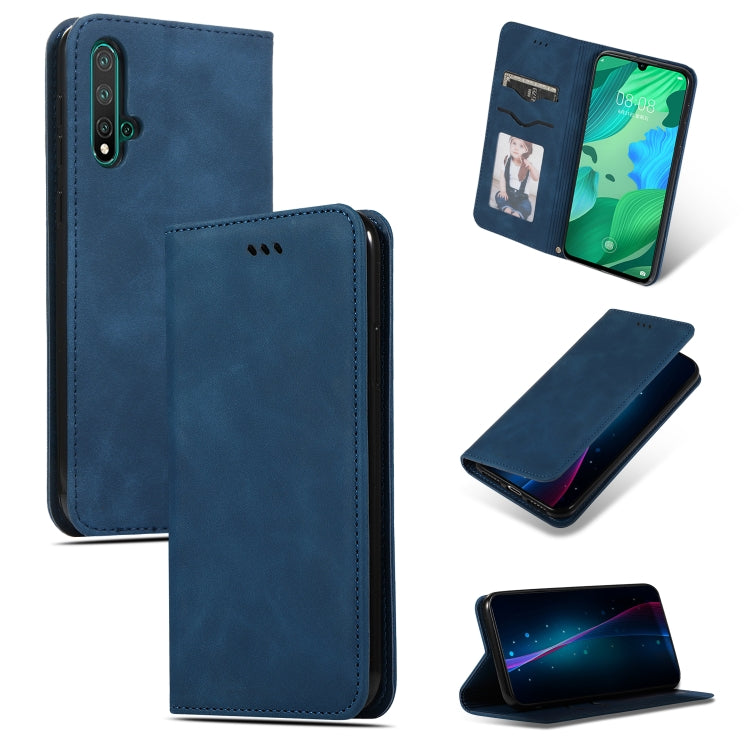 Blue magnetic flip leather wallet case with card slot and photo window for Huawei Nova 5.