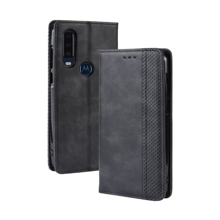 Black flip leather phone case with magnetic closure, card slots, and photo window