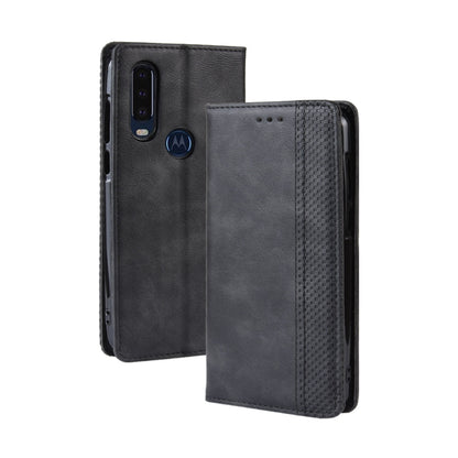 Black flip leather phone case with magnetic closure, card slots, and photo window