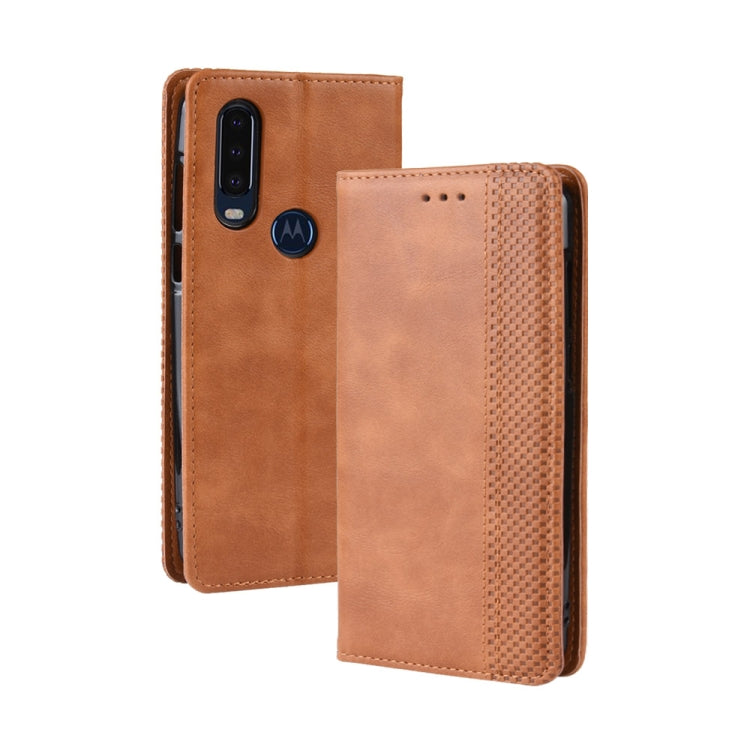 Flip leather phone case with magnetic clasp, textured finish, card slots; tan brown