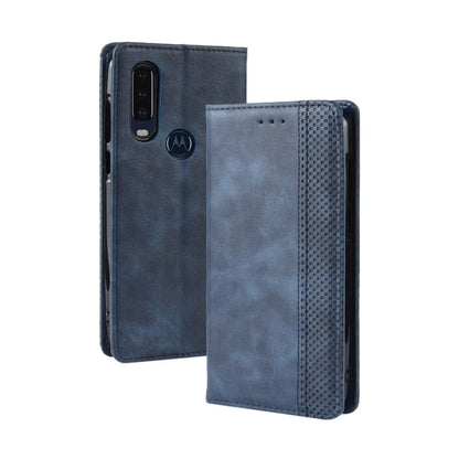 Flip leather phone case with magnetic clasp, textured finish, card slots; navy blue