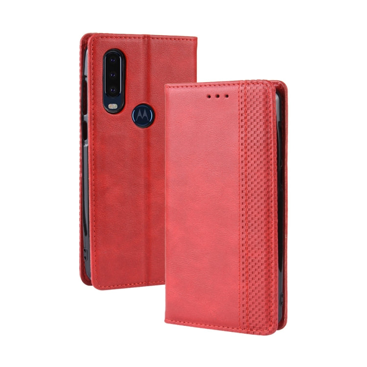 Flip leather phone case with magnetic clasp, textured finish, card slots; red