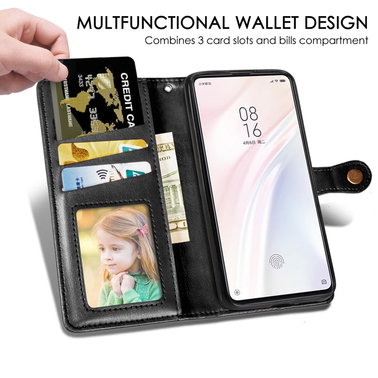 Black leather wallet phone case with card slots, photo window, and foldover cover