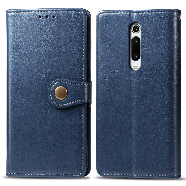 Blue leather phone wallet case with front cover flap and camera cutout