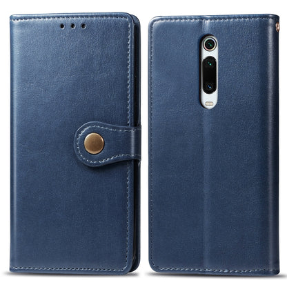 Blue leather phone wallet case with front cover flap and camera cutout