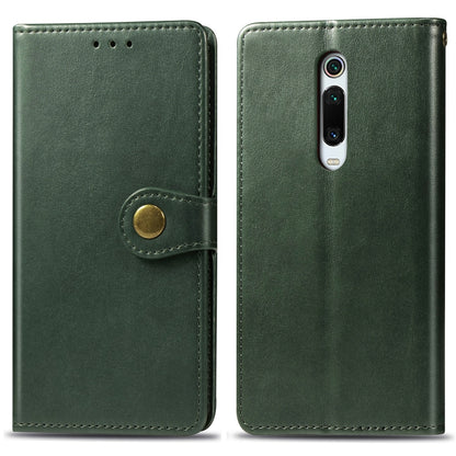 Green leather phone wallet case with front flap and camera cutout