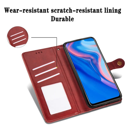 Leather phone wallet case with card window and flip closure, shown open