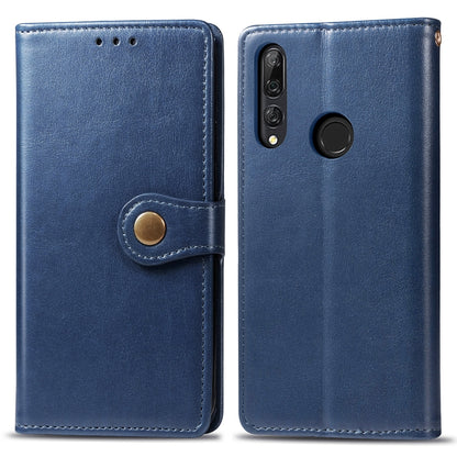 Blue leather phone wallet case with magnetic button closure and camera cutout